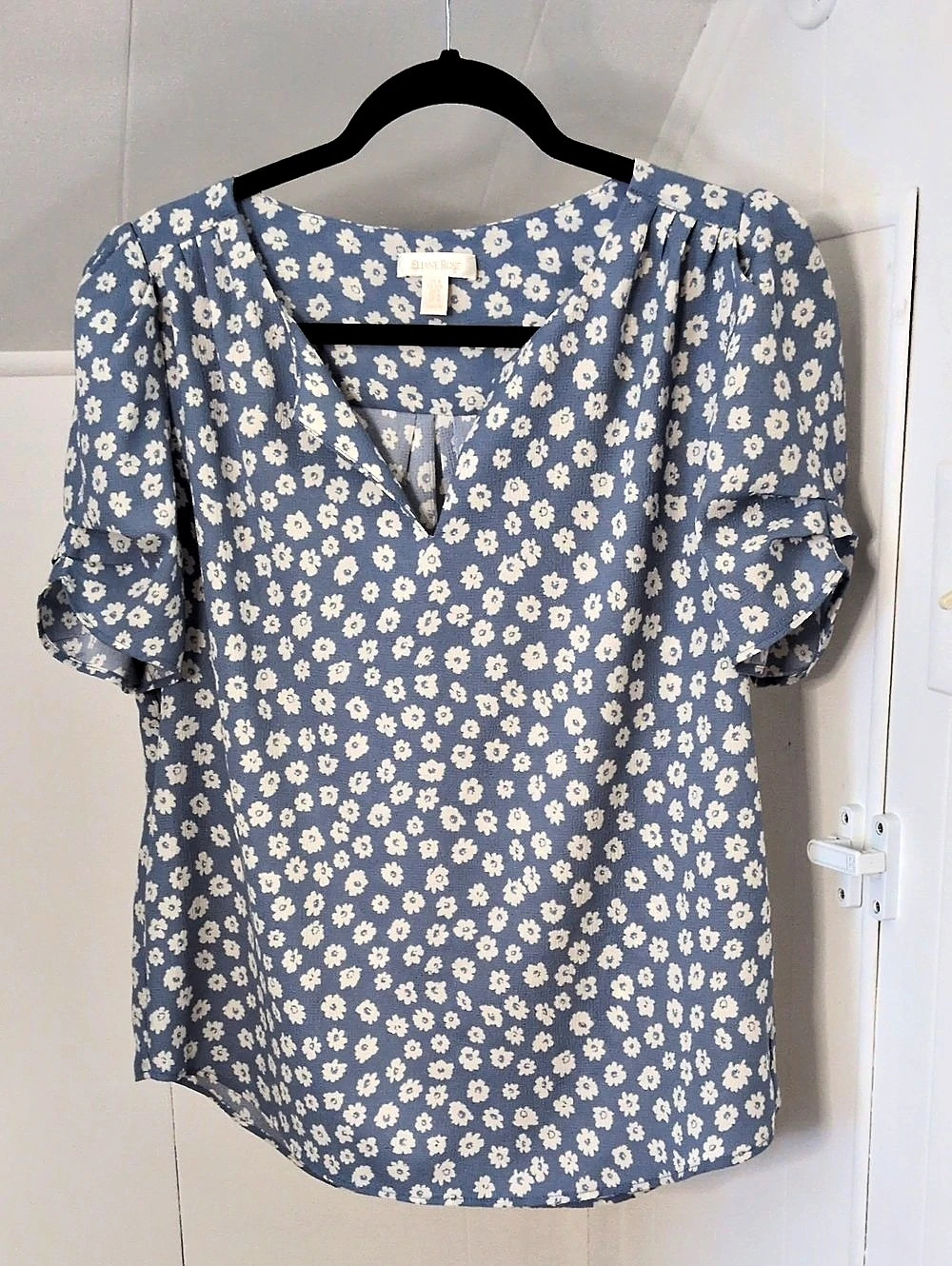 Eliane Rose Floral Short Sleeve Blouse in Blue & White Size Medium